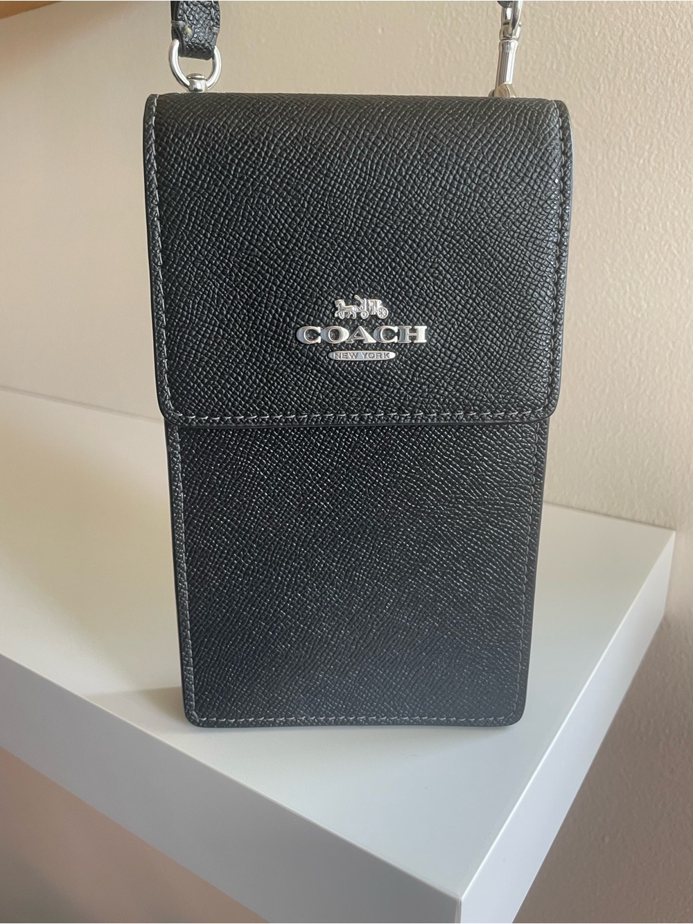 Coach Black Pebbled Leather Crossbody Phone Pouch with Silver Logo